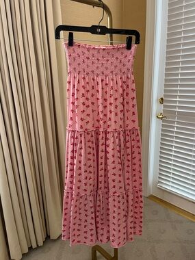 LoveShackFancy Pink Floral Smocked Tiered Maxi Skirt